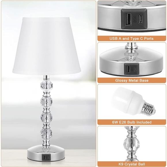 Bedside Lamps for bedrooms Set of 2 - Crystal Nightstand Bedroom Lamps with USB - Picture 4 of 6